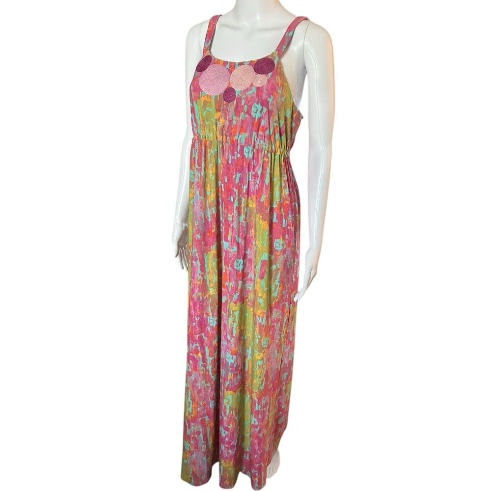 Nine West Size 6 Colorful Abstract Print Maxi Dress Embroidered Circles - Picture 2 of 10